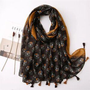 NEW Floral Print Shawl Black Camel Green Tassel Trim Lightweight Scarf
